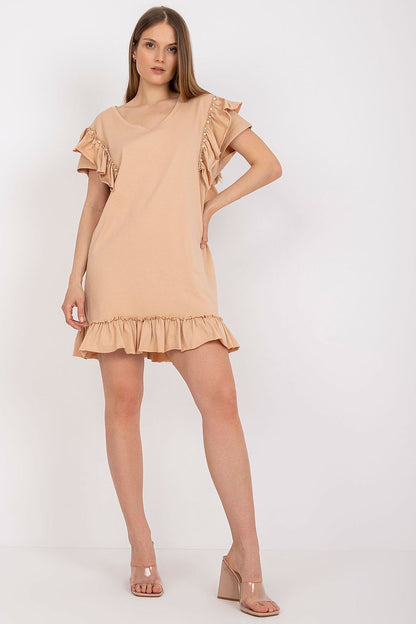 Elegant Straight Cut Daydress with Frills and Zircons in soft beige, expertly crafted from a cotton and spandex blend for comfort and elegance.