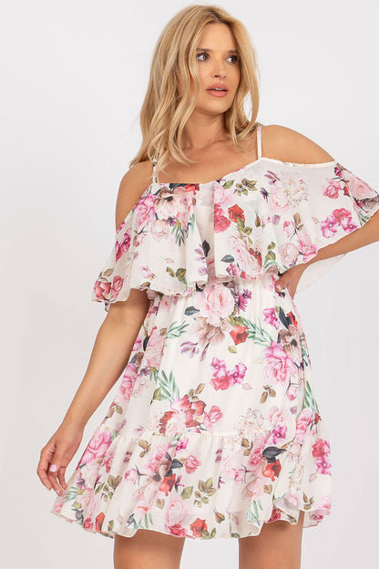 Och Bella Floral Strapless Daydress with Frill - Elegant Flared Cut featured in a light-coloured floral design, model posing gracefully to highlight the exquisite frill detailing.