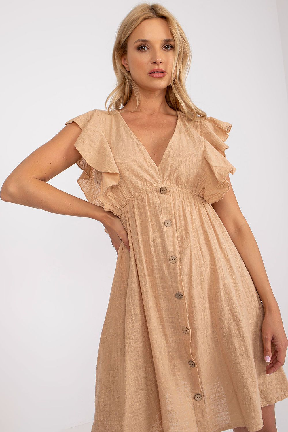 Elegant Cotton Summer Dress with Flared Cut, V Neckline & Frill Sleeves by Och Bella modeled by a woman with soft waves in a light beige shade.