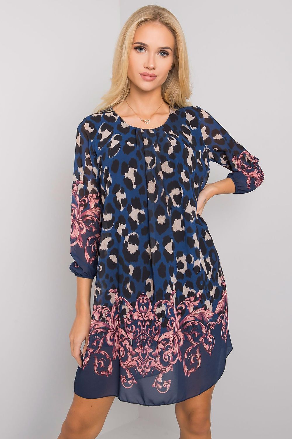 Luxurious Och Bella Loose-Fitting Daydress with 3/4 Sleeves and Rounded Neckline, styled in rich navy with leopard print and ornate pink detailing for a sophisticated look.