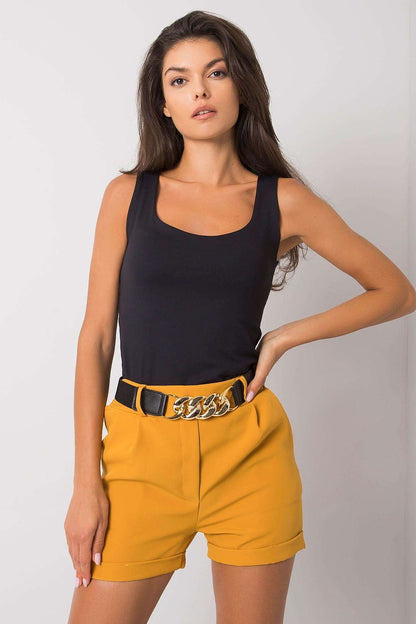 Elegant close-up of Luxury Women's Elastic Waistband Shorts with Slip Pockets and Decorative Belt by Italy Moda, featuring the stylish combination of a black top and yellow shorts.