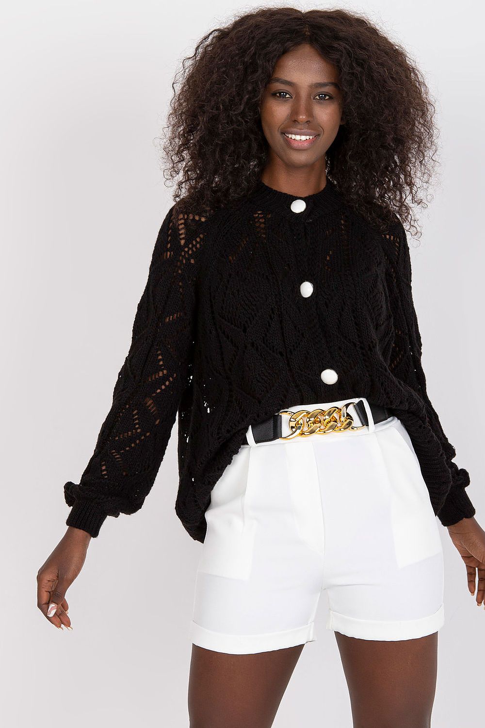 Fashionable look featuring Luxury Women's Elastic Waistband Shorts With Slip Pockets and Decorative Belt By Italy Moda, combined with a knitted black sweater for a trendy appearance.