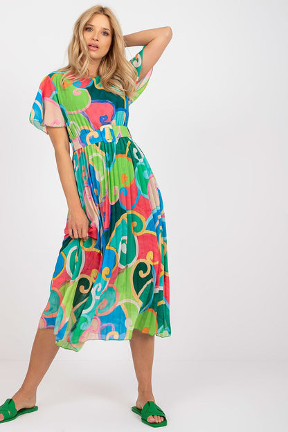 Elegant Italy Moda Summer Dress with Flared Cut, Belt and Lining - Short Sleeves, Perfect for Any Occasion, featuring a woman wearing a vibrant multi-coloured dress with swirling patterns, accentuated by short sleeves and a stylish belt.