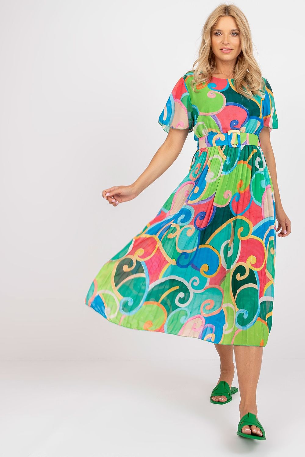 Elegant Italy Moda Summer Dress with Flared Cut, Belt and Lining - Short Sleeves, Perfect for Any Occasion, showcased by a woman in motion, wearing a bright, flowing dress with intricate designs and a flattering silhouette.