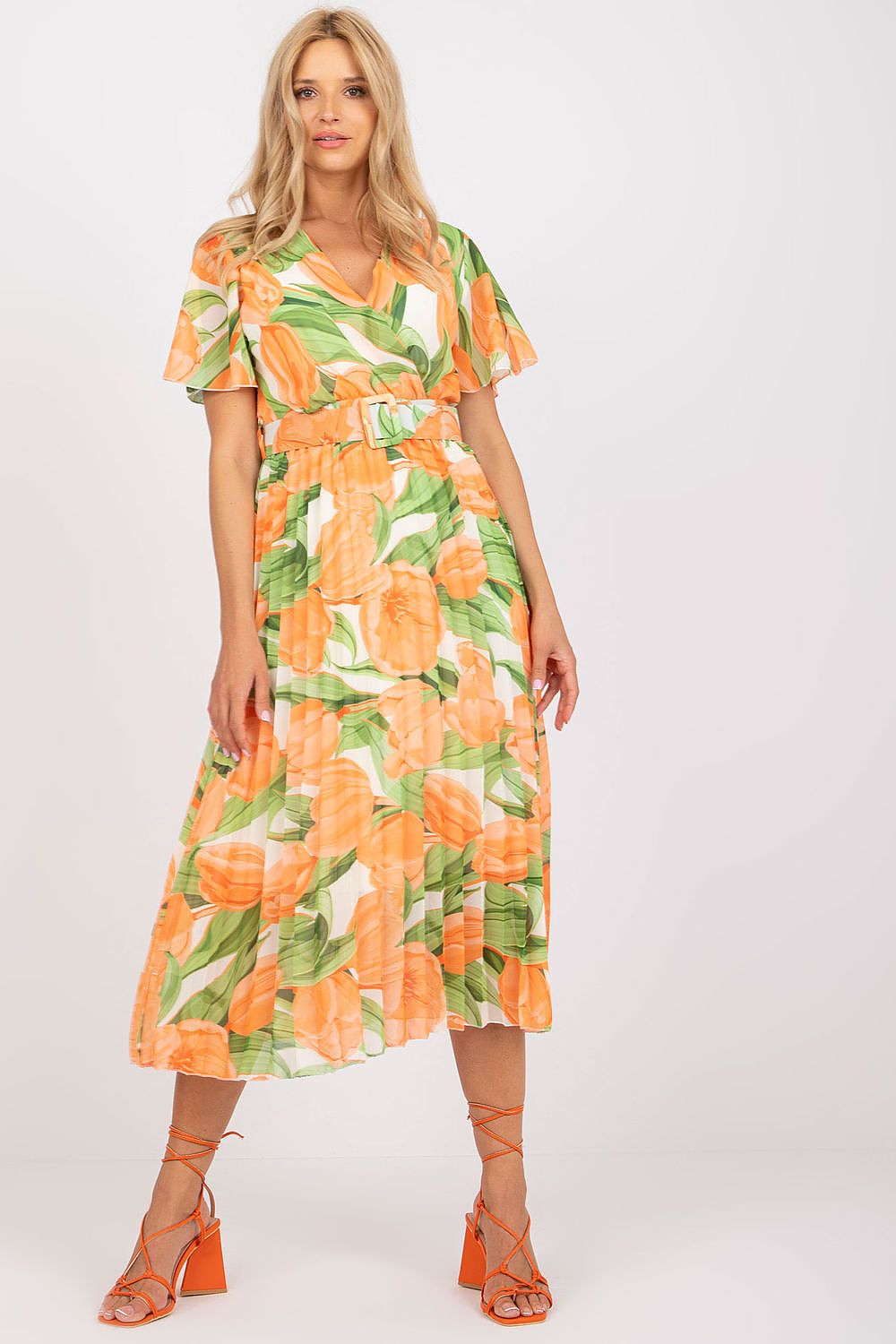 Elegant Summer Dress with Frill Sleeves, Envelope Neckline and Pleated Bottom by Italy Moda, showcased in a vibrant floral pattern with orange tulips and green leaves, ideal for warm occasions.