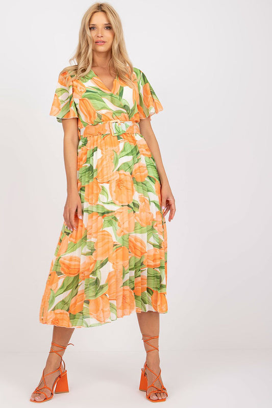 Elegant Summer Dress with Frill Sleeves, Envelope Neckline and Pleated Bottom by Italy Moda, showcased in a vibrant floral pattern with orange tulips and green leaves, ideal for warm occasions.