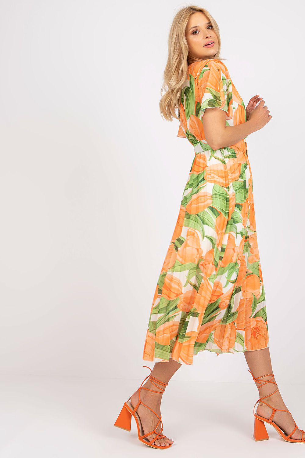 Elegant Summer Dress with Frill Sleeves, Envelope Neckline and Pleated Bottom by Italy Moda, featuring vibrant orange floral patterns and stylish block heels.