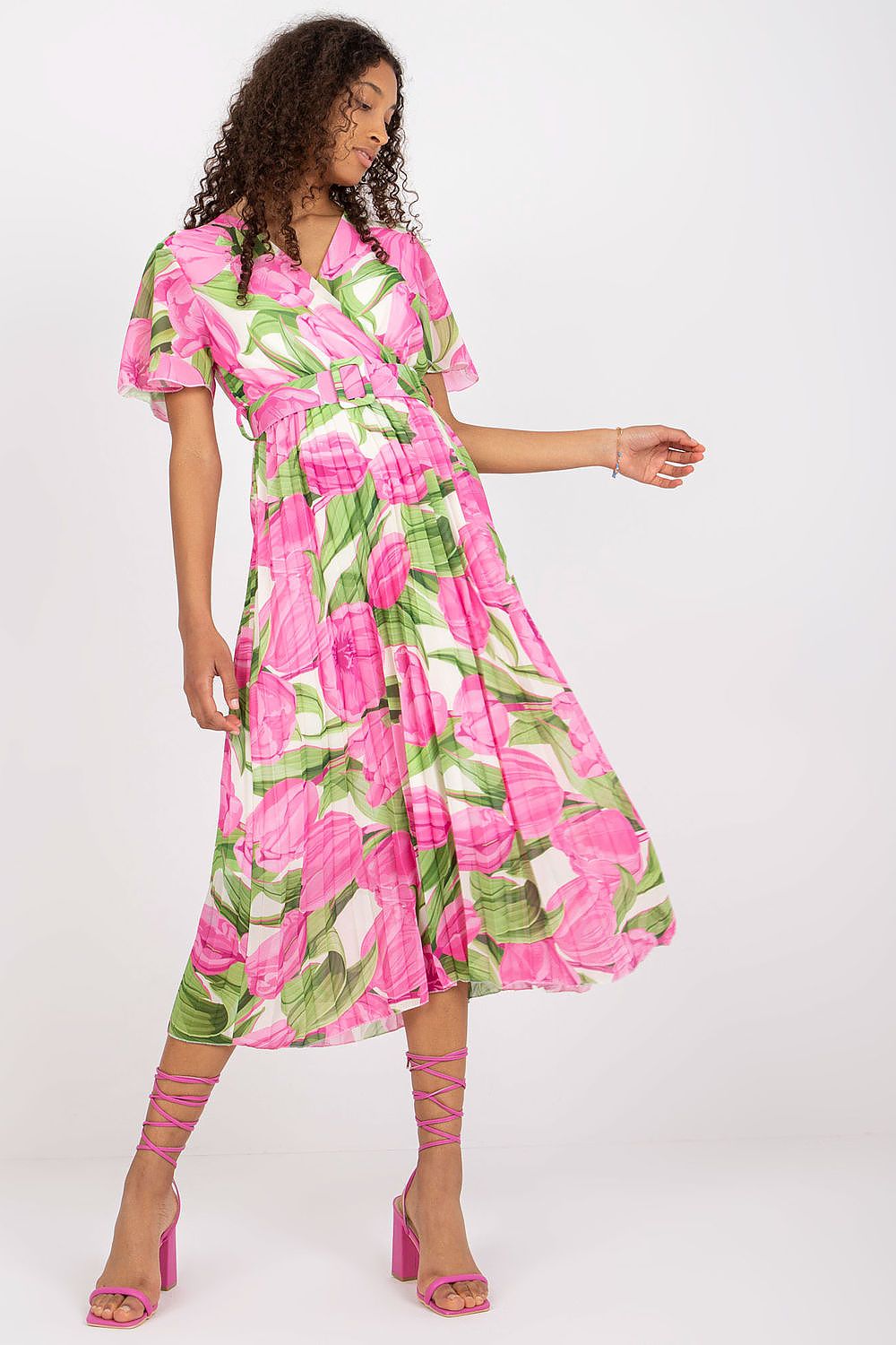 Elegant Summer Dress with Frill Sleeves, Envelope Neckline and Pleated Bottom by Italy Moda, showcased with stunning pink floral designs and fashionable pink straps.