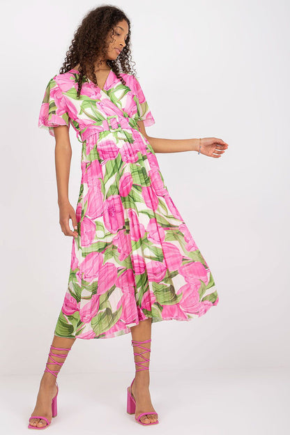 Elegant Summer Dress with Frill Sleeves, Envelope Neckline and Pleated Bottom by Italy Moda, showcased with stunning pink floral designs and fashionable pink straps.