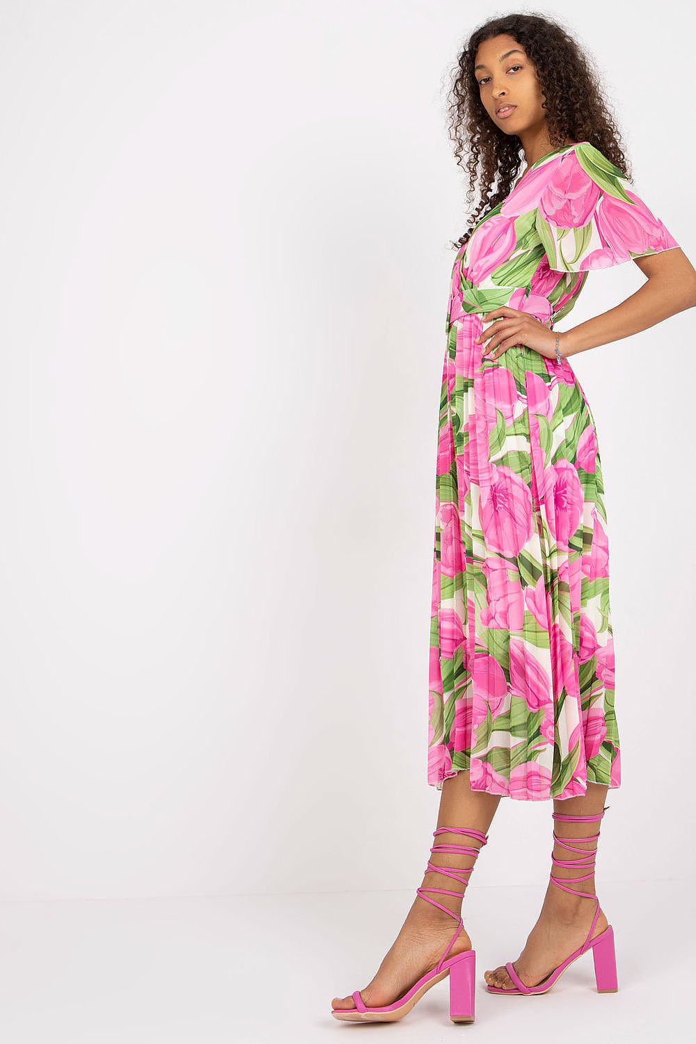Elegant Summer Dress with Frill Sleeves, Envelope Neckline and Pleated Bottom by Italy Moda, displayed elegantly with a cinched waist and pink floral details.