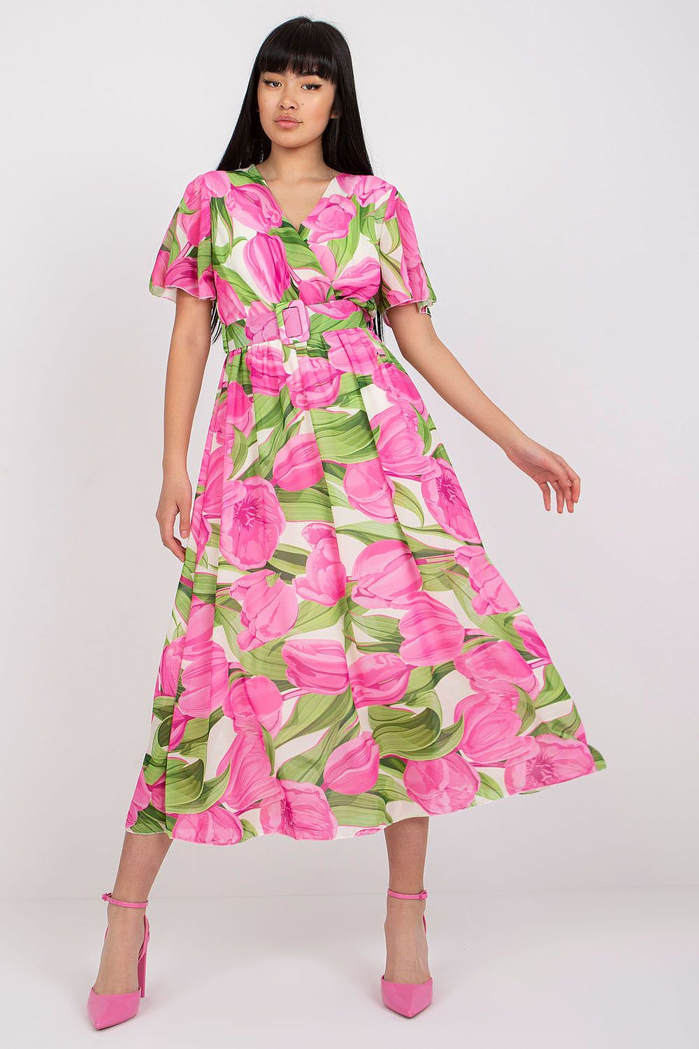 Elegant Summer Dress with Short Frilled Sleeves and Belted Waist by Italy Moda, showcased on a model wearing a striking pink floral version, demonstrating its luxurious design and style.