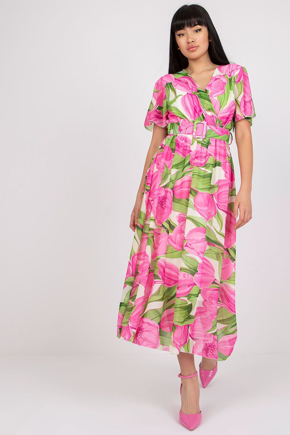 Elegant Summer Dress with Short Frilled Sleeves and Belted Waist by Italy Moda, featuring vibrant pink tulip patterns, ideal for warm weather occasions.