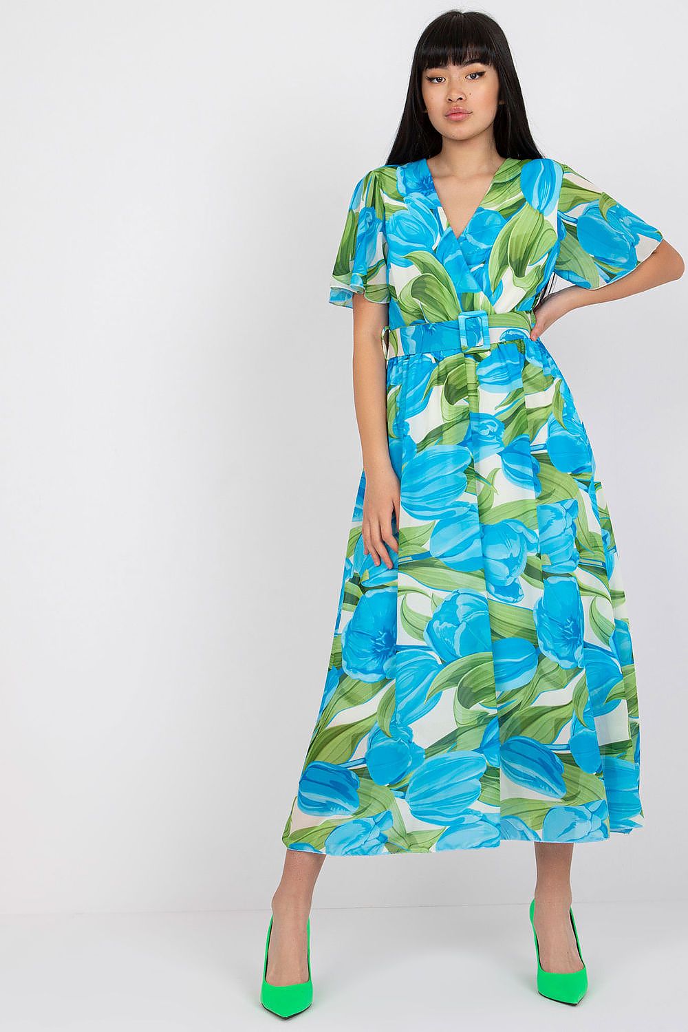 Elegant Summer Dress with Short Frilled Sleeves and Belted Waist by Italy Moda, displayed in a captivating blue floral design, enhancing sophistication for summer attire.