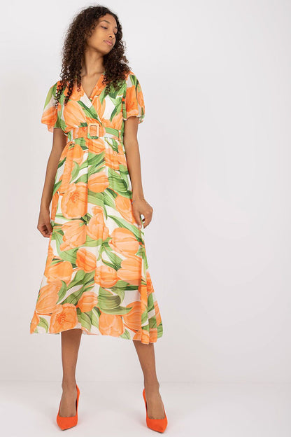 Elegant Summer Dress with Short Frilled Sleeves and Belted Waist by Italy Moda, adorned with vibrant orange tulip designs, showcasing a luxurious style for various occasions.