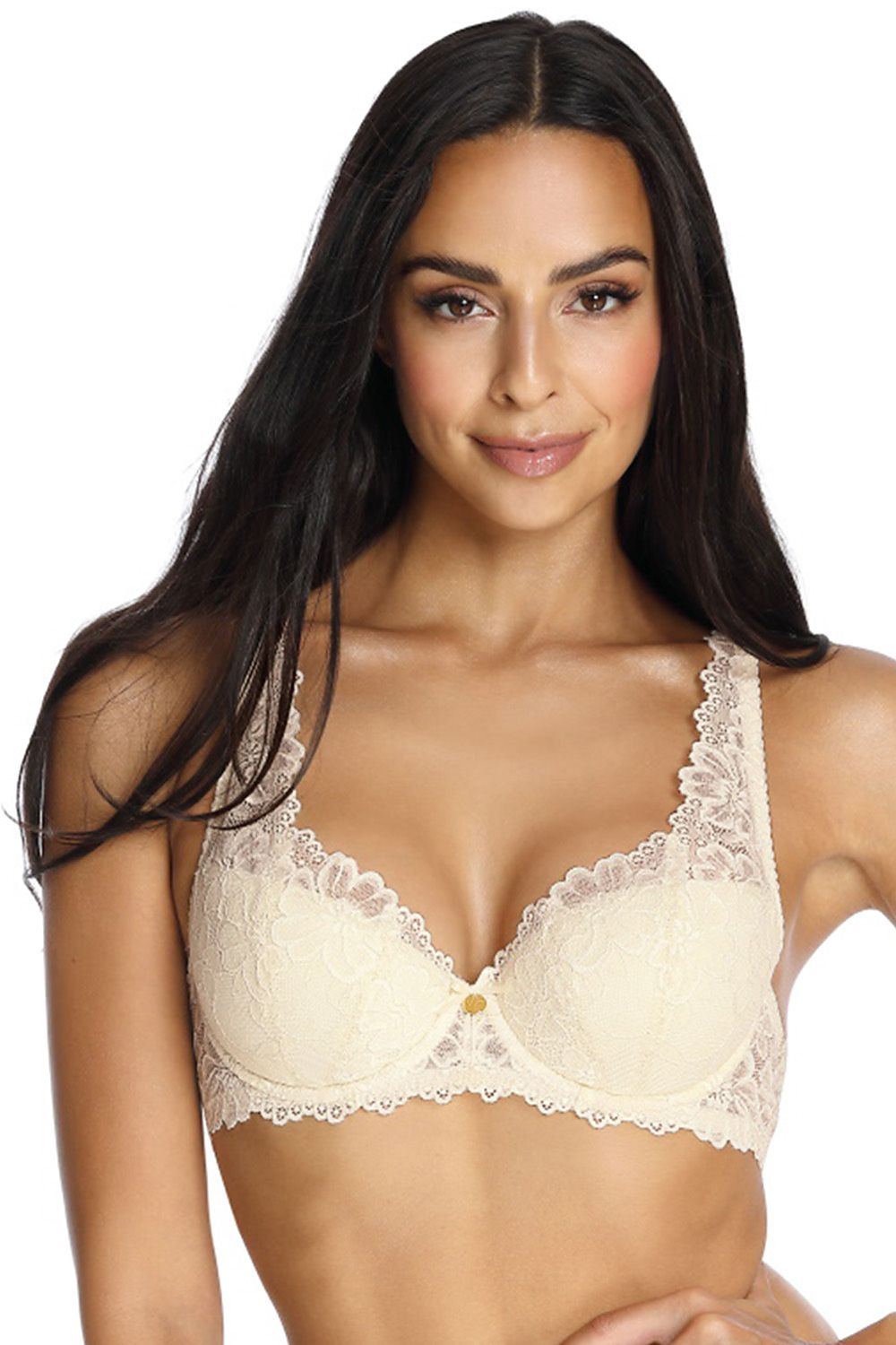 Luxury Female Padded Bra with Floral Lace Motif, Adjustable Straps and Satin Bow, elegantly showcased on a model.