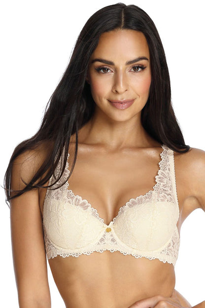 Luxury Female Padded Bra with Floral Lace Motif, Adjustable Straps and Satin Bow, elegantly showcased on a model.
