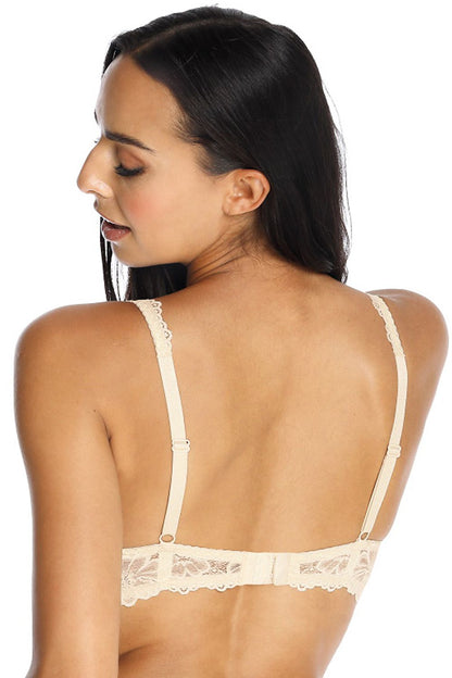 Luxury Female Padded Bra with Floral Lace Motif, Adjustable Straps and Satin Bow, featuring a detailed view of the lace back on a model.