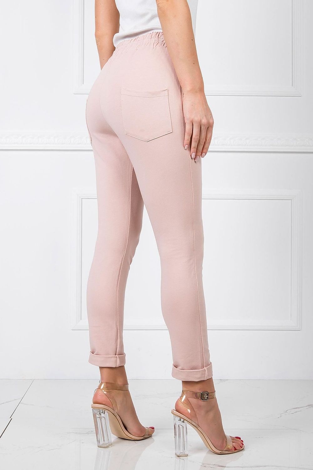 BFG Women’s High-Waisted Slim Leg Tracksuit Trousers showcasing a stylish pink design with rolled cuffs, perfect for a luxurious, casual look.