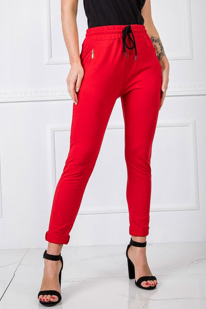 BFG Women’s High-Waisted Slim Leg Tracksuit Trousers in vibrant red, elegantly styled with an elastic waistband and zippers, ideal for sophisticated comfort.