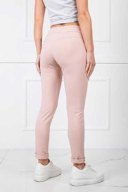 Back view of BFG Women's High-Waisted Cotton Blend Tracksuit Trousers with Slim Leg and Drawstring, highlighting the elegant fit and smooth contours, styled with a casual cropped top.