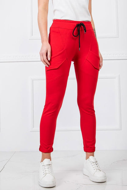 BFG Women's High-Waisted Cotton Blend Tracksuit Trousers with Slim Leg and Drawstring displayed in a vibrant red, showcasing a stylish cut and pockets, perfect for a chic sporty look.
