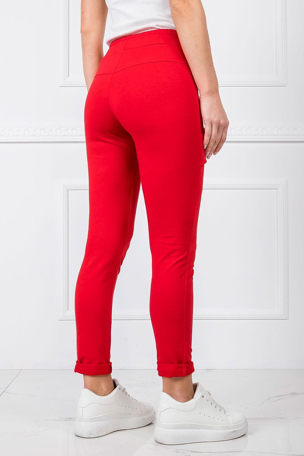 Back view of BFG Women's High-Waisted Cotton Blend Tracksuit Trousers with Slim Leg and Drawstring in captivating red, demonstrating a flattering silhouette suitable for elegant athleisure.