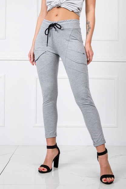 Chic grey pair of BFG Women's High-Waisted Cotton Blend Tracksuit Trousers with Slim Leg and Drawstring, highlighting a fashionable cut that complements a luxurious sporty outfit.