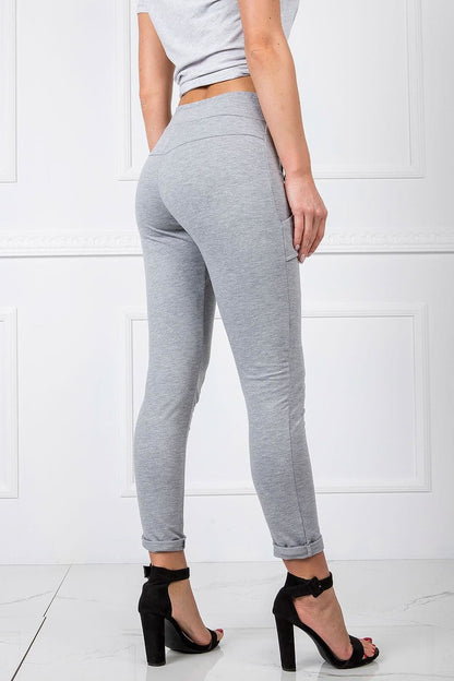 BFG Women's High-Waisted Cotton Blend Tracksuit Trousers with Slim Leg and Drawstring showcased on a model from the back, highlighting the slim-fit design, soft grey fabric, and stylish pairing with black high-heeled sandals.