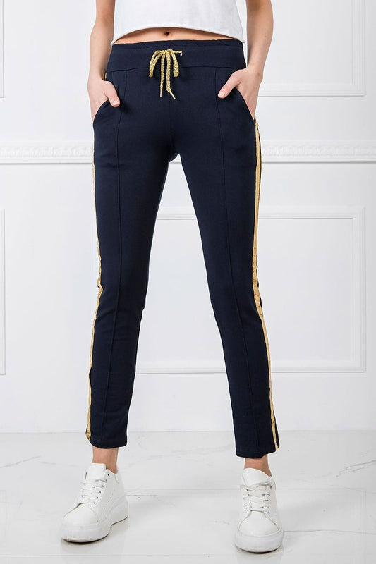 Luxury Women's Tracksuit Trousers with Elastic Waistband and Contrasting Side Stripes, showcased worn by a model, featuring slip pockets and a stylish design.