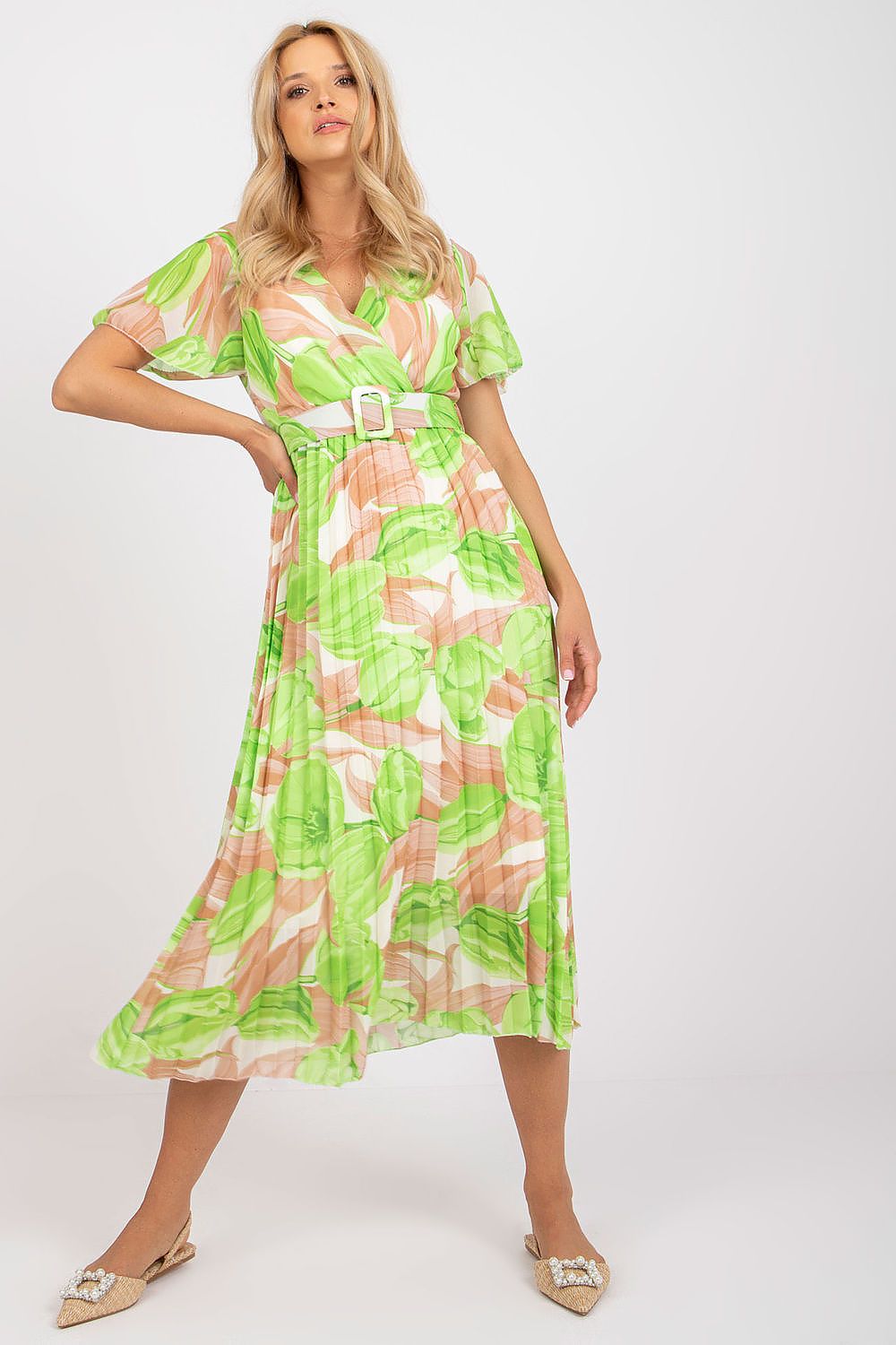 Elegant Summer Dress with Frill Sleeves, Envelope Neckline and Pleated Bottom by Italy Moda, showcasing breathtaking green and floral prints paired with exquisite footwear.