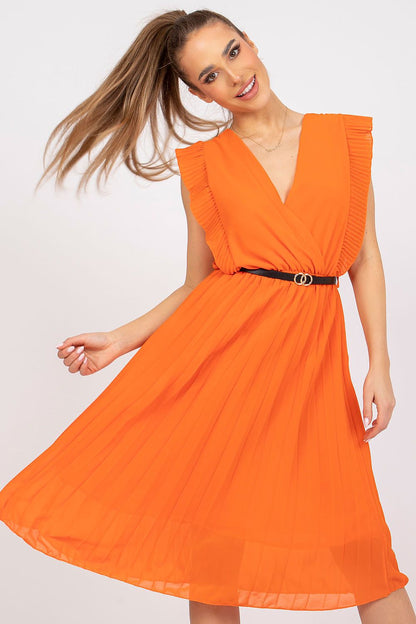 Pleated Summer Dress With Frill Sleeves, Heart Neckline & Flared Cut by Italy Moda - Elegant model showcasing the vibrant orange dress with frill sleeves and a flattering silhouette.
