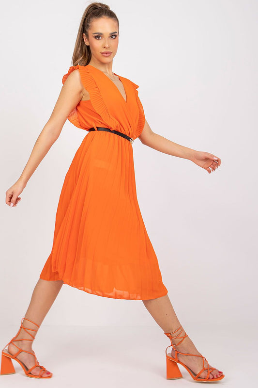 Pleated Summer Dress With Frill Sleeves, Heart Neckline & Flared Cut by Italy Moda - Side view of the elegant orange dress accentuating the flared cut and waist belt.