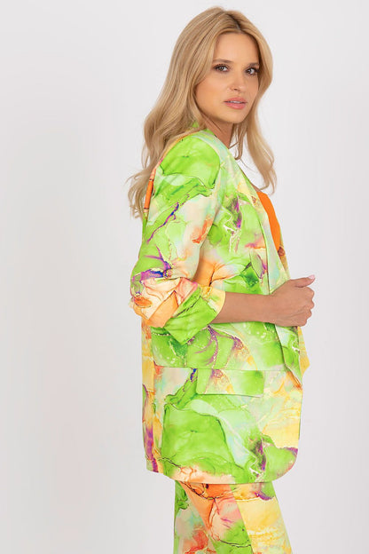 Luxury Italy Moda Straight Cut Jacket in Vibrant Fabric with 3/4 Sleeves - Perfect Match for Pants, model wearing a green and orange beautifully patterned ensemble.