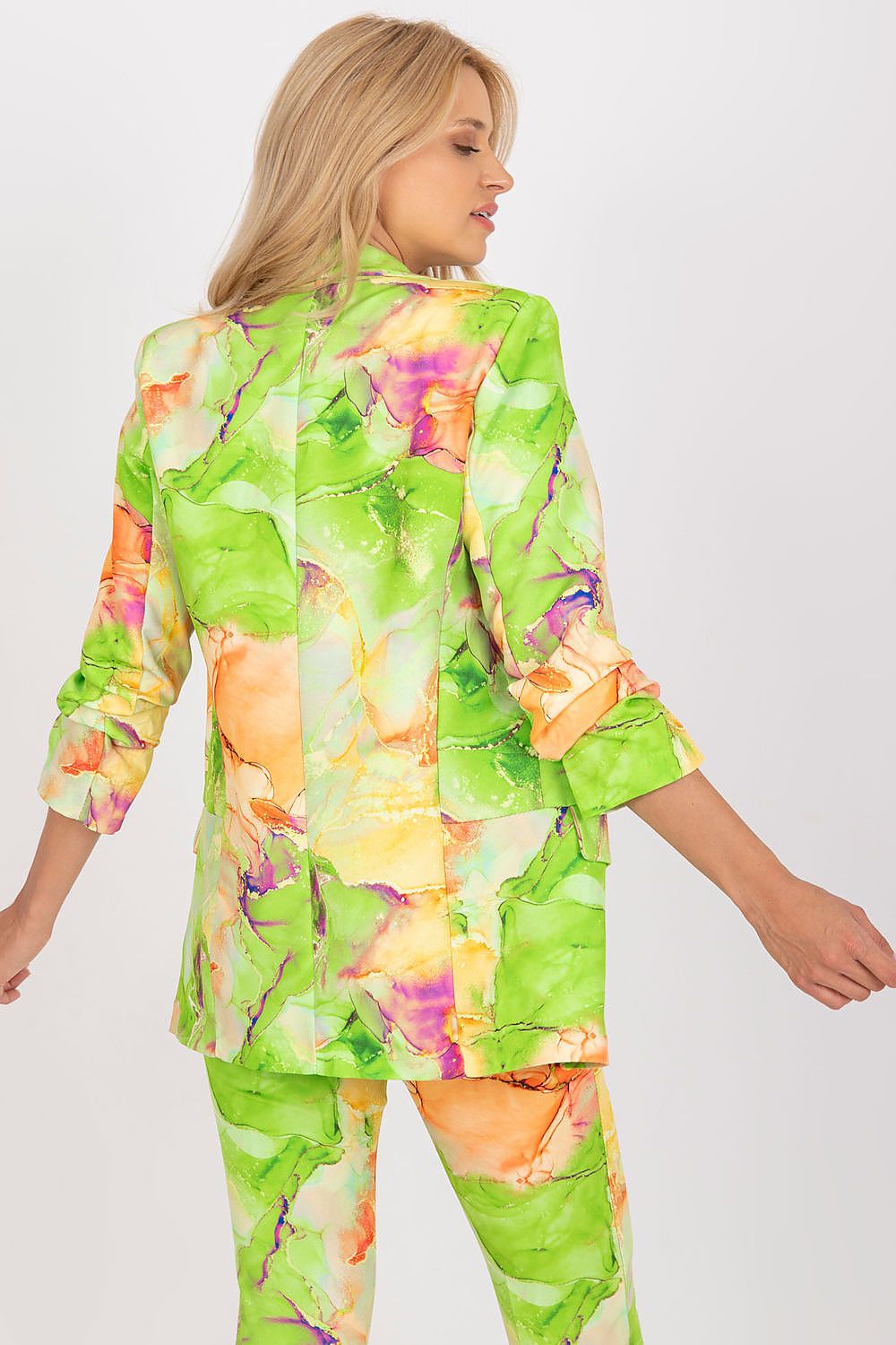 Luxury Italy Moda Straight Cut Jacket in Vibrant Fabric with 3/4 Sleeves, showcased from the back, featuring a colourful abstract design, perfect match for pants, ideal for upscale fashion occasions.
