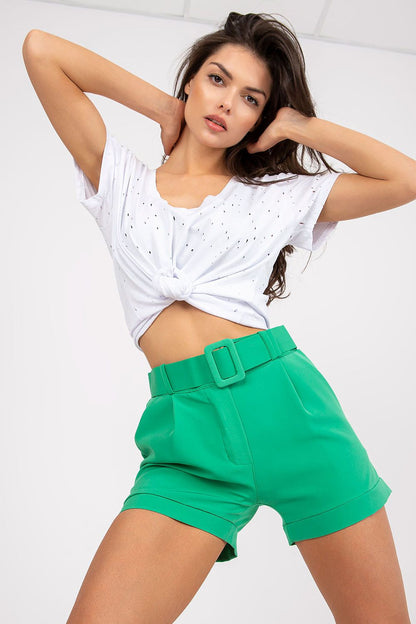 Elegant Women's Italy Moda Shorts with Zip Closure, Side Pockets & Matching Belt - Model in vibrant green shorts and white top, exuding luxury fashion appeal.