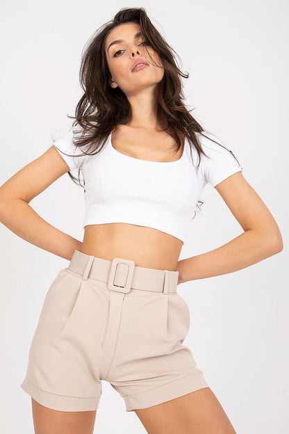 Elegant Women's Italy Moda Shorts with Zip Closure, Side Pockets & Matching Belt showcased in beige, perfect for any occasion.
