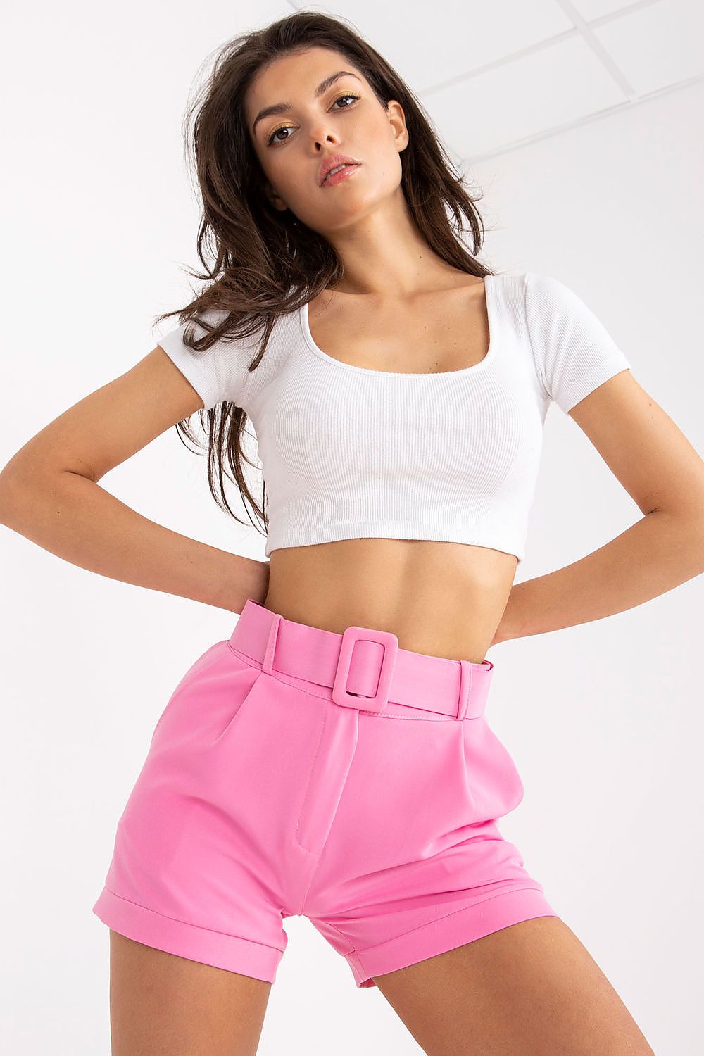 Chic Women's Italy Moda Shorts featuring Zip Closure, Side Pockets & Matching Belt in bold pink, perfect for any occasion.