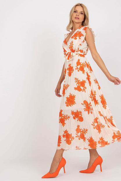 Elegant Long Summer Dress With Frilled Sleeves And Pleated Hem - Italy Moda, featuring a vibrant floral design in orange hues, complemented by chic high heels, perfect for sophisticated summer occasions.