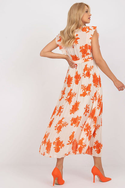 Elegant Long Summer Dress With Frilled Sleeves And Pleated Hem by Italy Moda, featuring a beautiful floral pattern in vibrant orange tones, perfect for a chic summer look.