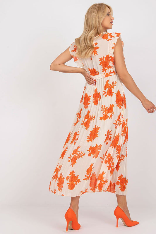 Elegant Long Summer Dress With Frilled Sleeves And Pleated Hem by Italy Moda, featuring a beautiful floral pattern in vibrant orange tones, perfect for a chic summer look.