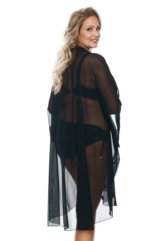 Elegant Black Tulle Pareo with Wider Kimono Sleeves, showcasing a model draped in an airy, transparent tulle cover-up, perfect for beachwear on hot days.