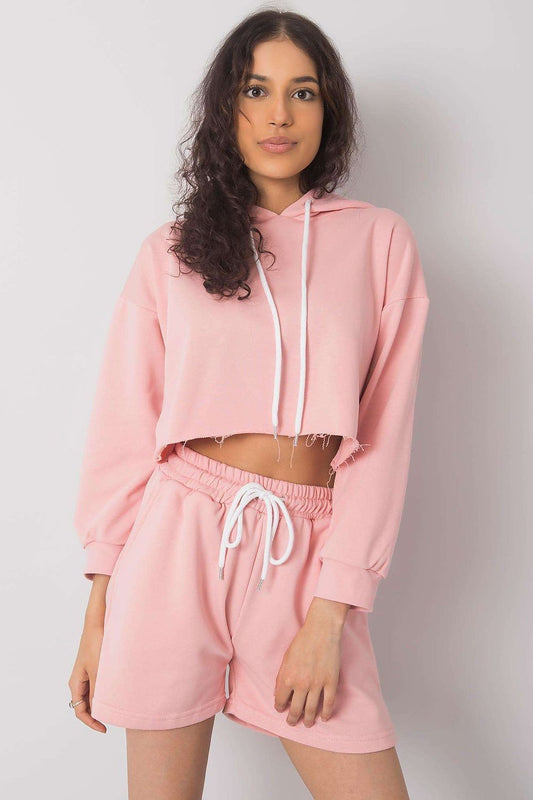 Luxurious Cotton-Blend Tracksuit Set with Sweatshirt and Shorts showcasing a fashionable cropped hoodie and tailored shorts in a serene pink hue, designed for comfort and elegance from Ex Moda Fashion.