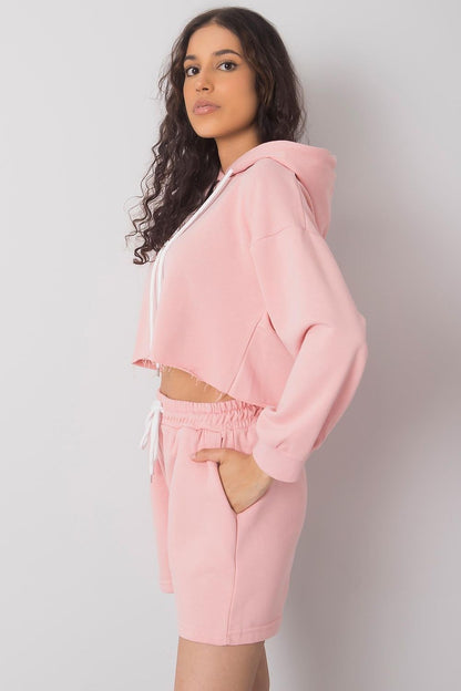 Luxurious Cotton-Blend Tracksuit Set with Sweatshirt and Shorts, highlighting the trendy cropped sweatshirt and stylish shorts in delicate pink, ideal for luxurious loungewear from Ex Moda Fashion.