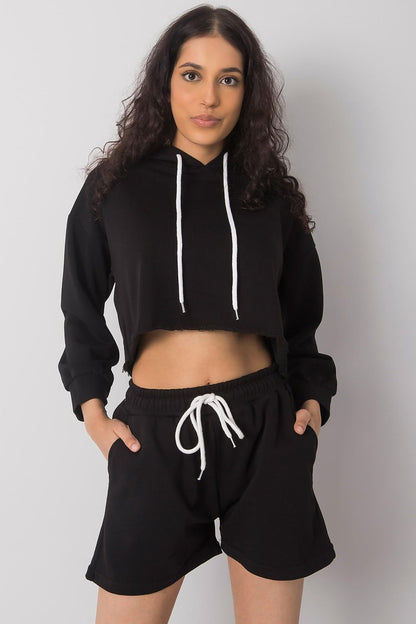 Luxurious Cotton-Blend Tracksuit Set with Sweatshirt and Shorts - Ex Moda Fashion, showcasing a chic black cropped sweatshirt and matching shorts, ideal for stylish comfort.