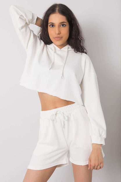Luxurious Cotton-Blend Tracksuit Set with Sweatshirt and Shorts - Ex Moda Fashion, presenting a model wearing a soft white cropped hoodie and matching shorts for a stylish look.