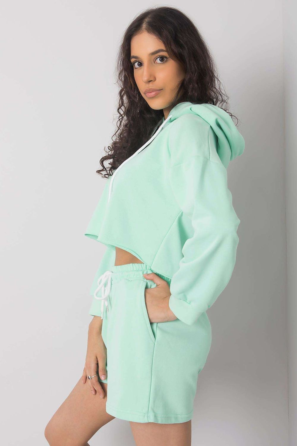 Chic mint green Luxurious Cotton-Blend Tracksuit Set with a stylish crop sweatshirt and comfortable shorts, perfect for modern casual outfits - Ex Moda Fashion.