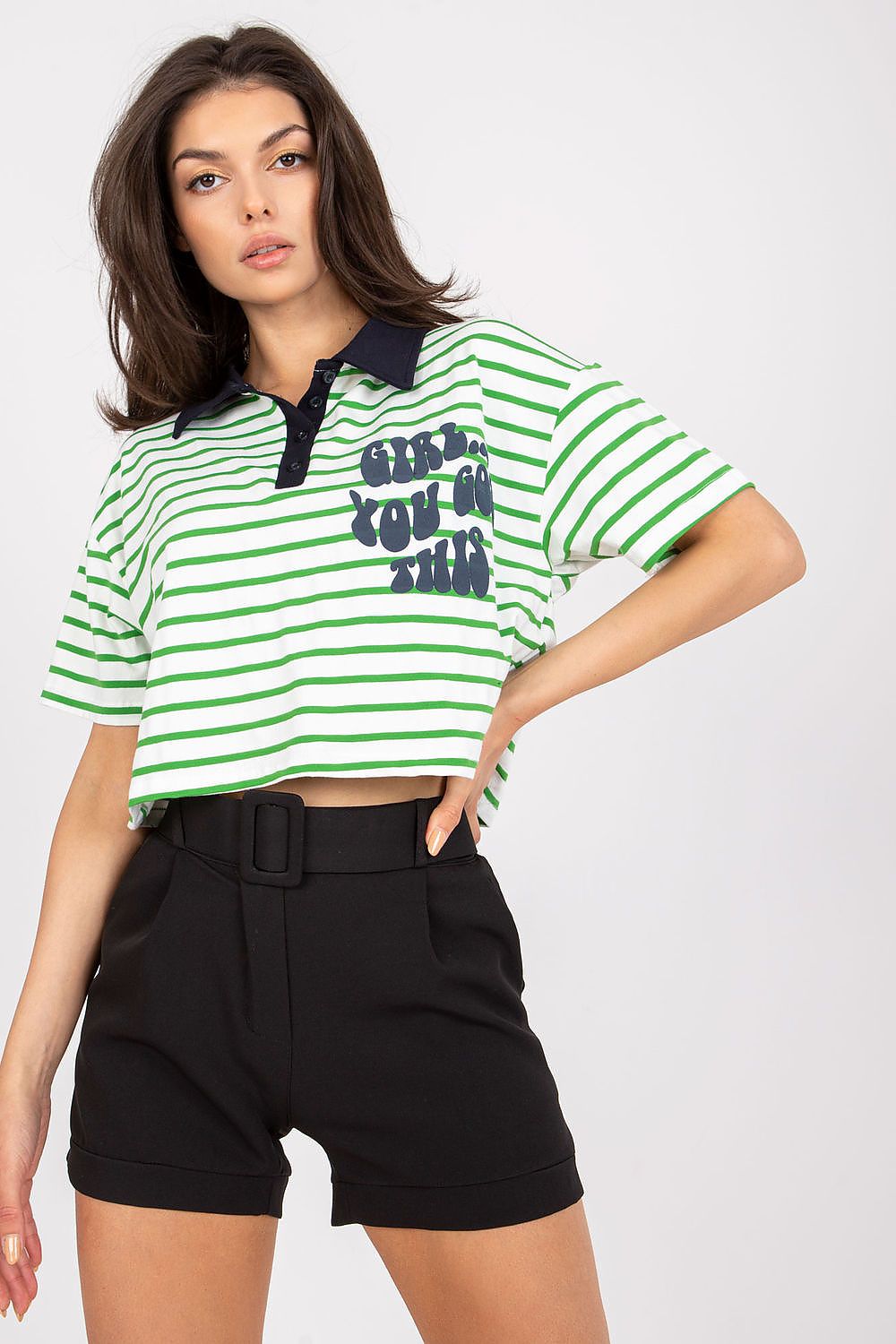 Stylish Striped Cotton Polo Blouse with Decorative Print, featuring a close-up of a model in a chic green and white striped polo blouse with decorative print, emphasising the elegant cut and casual sophistication.