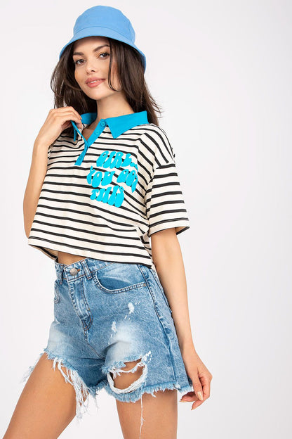 Stylish Striped Cotton Polo Blouse with Decorative Print – EU Size 0, showcased by a model in a trendy pose, wearing denim shorts and a blue bucket hat.