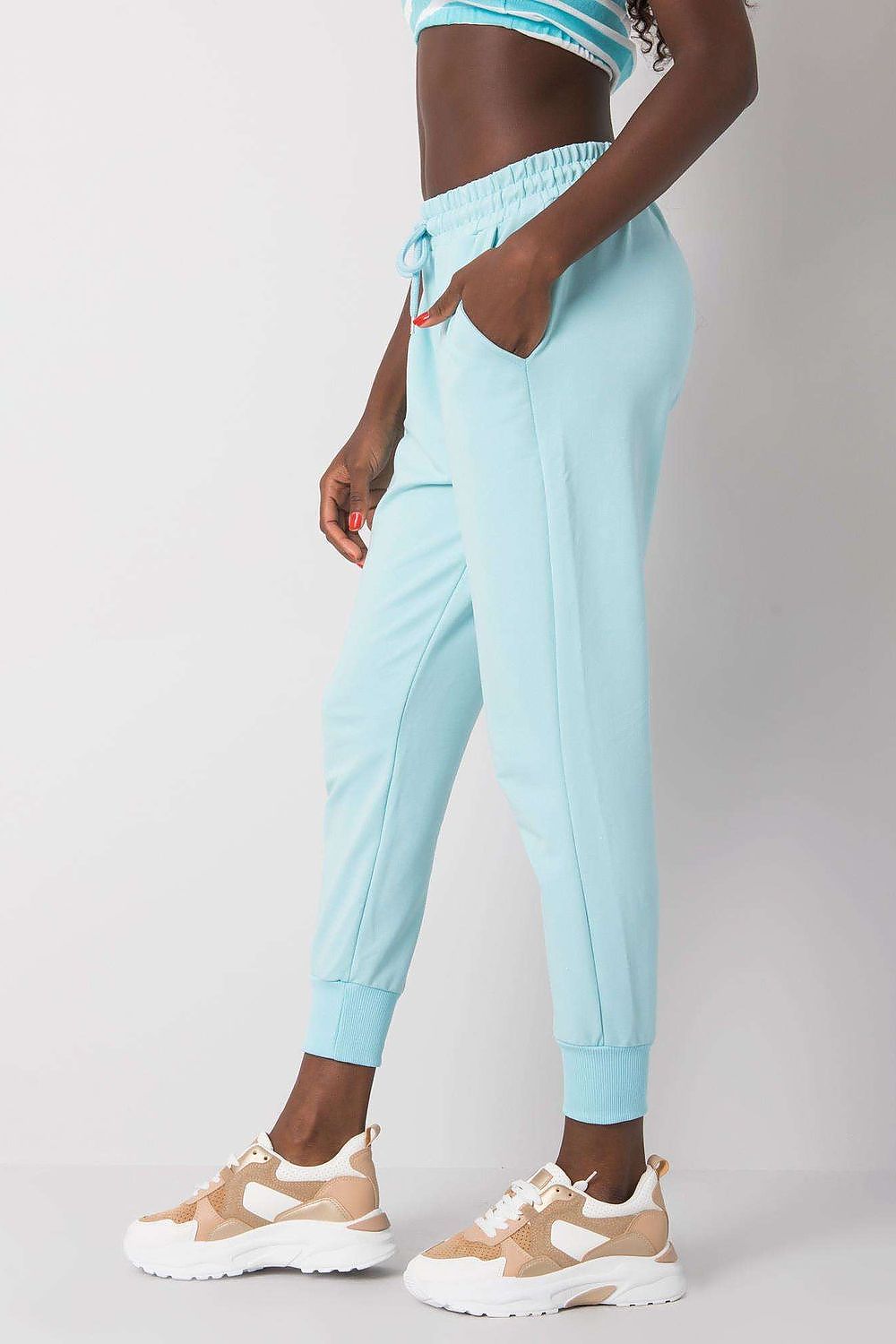 Luxury Tracksuit Trousers with Waist Tie and Elastic Band in light blue, showcasing a stylish fit and comfortable cotton blend sweatpants, perfect for casual wear.