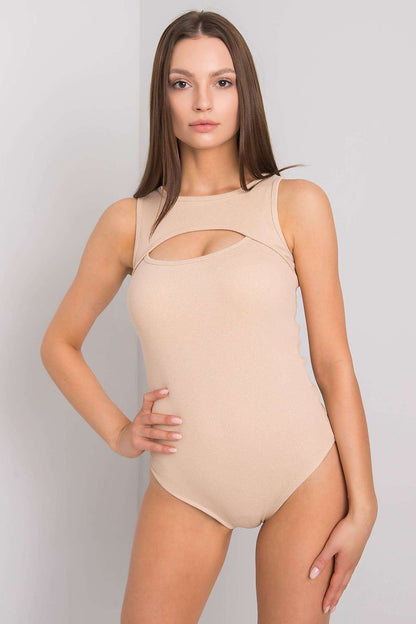 Luxury Sleeveless Shapewear Bodysuit with Press Studs in a sophisticated nude colour, featuring a stylish front cut-out design, emphasising elegance and refinement.